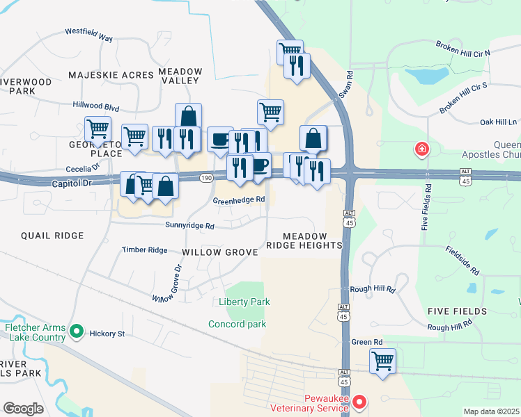 map of restaurants, bars, coffee shops, grocery stores, and more near 1384 Sunnyridge Road in Pewaukee