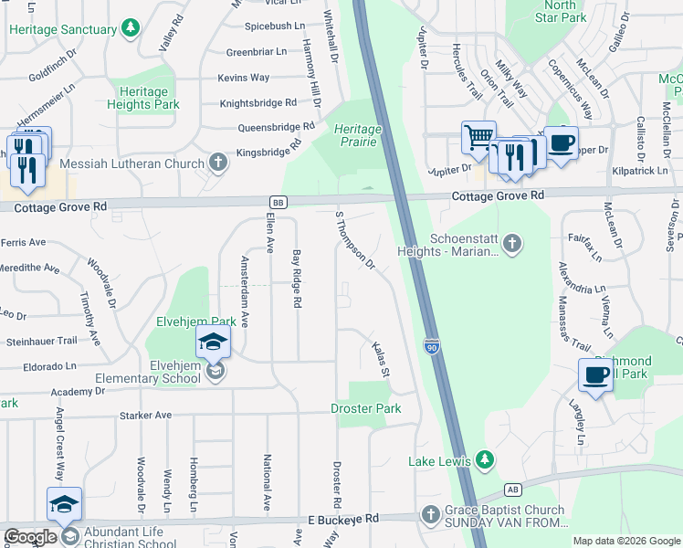 map of restaurants, bars, coffee shops, grocery stores, and more near 1117 Droster Road in Madison