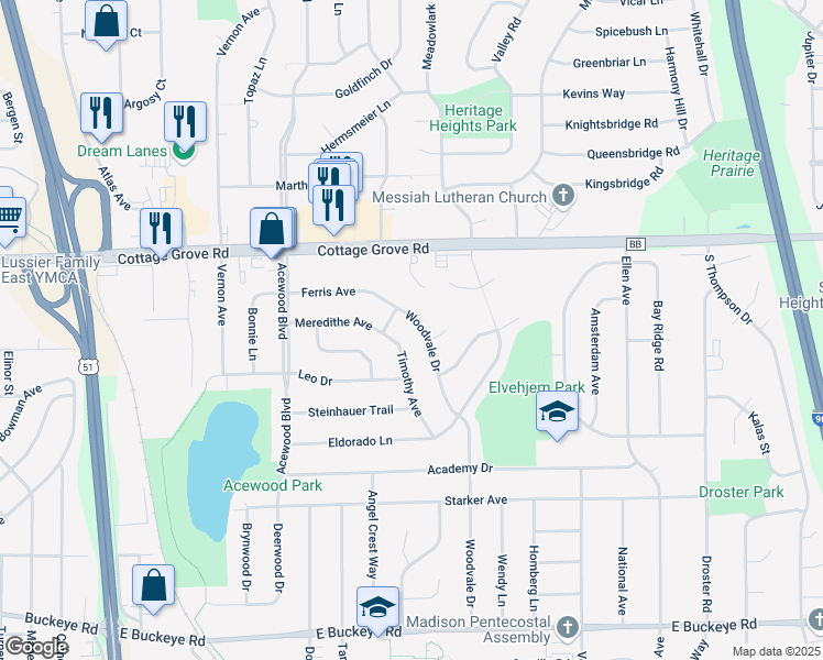 map of restaurants, bars, coffee shops, grocery stores, and more near 1126 Woodvale Drive in Madison