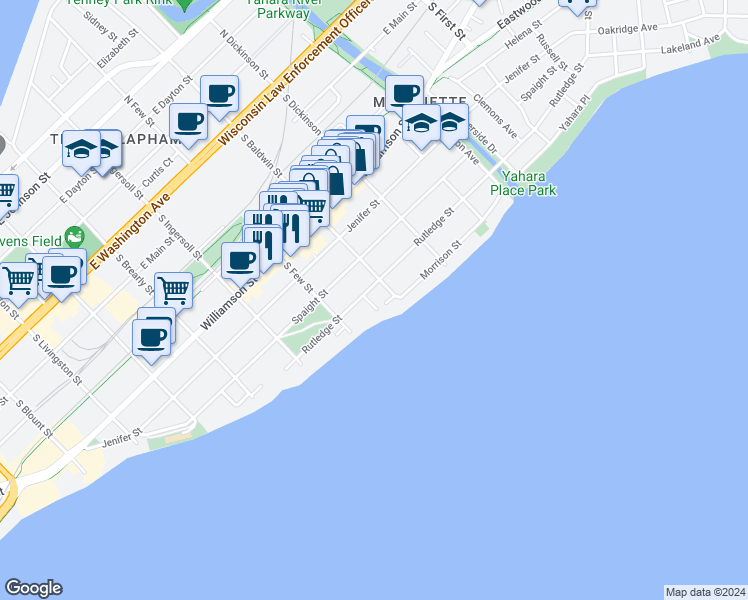 map of restaurants, bars, coffee shops, grocery stores, and more near 725 Orton Court in Madison