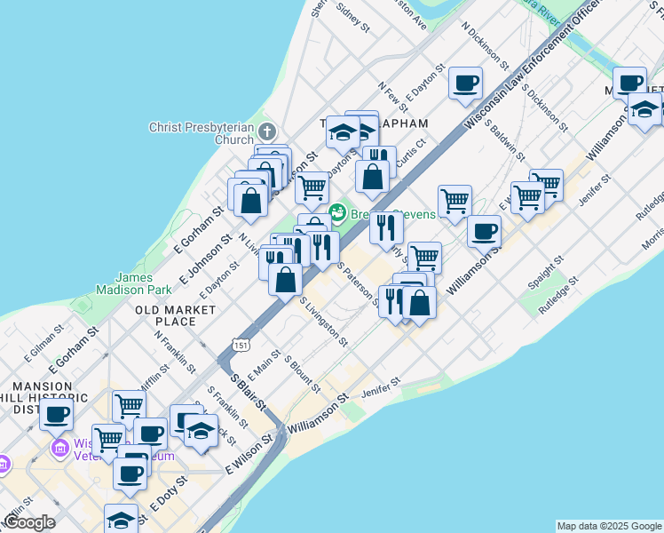 map of restaurants, bars, coffee shops, grocery stores, and more near 841 East Washington Avenue in Madison