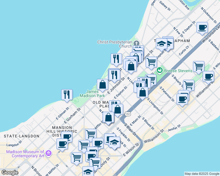 map of restaurants, bars, coffee shops, grocery stores, and more near 635 East Johnson Street in Madison