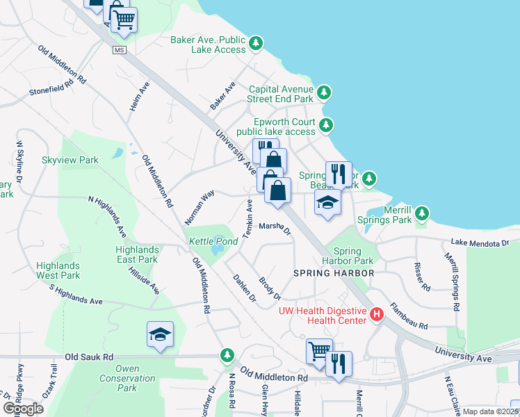 map of restaurants, bars, coffee shops, grocery stores, and more near 1309 Temkin Avenue in Madison