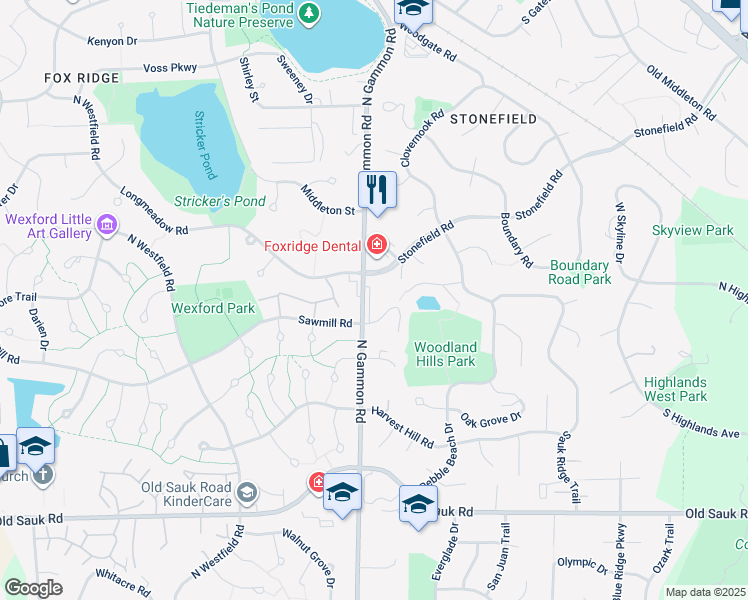 map of restaurants, bars, coffee shops, grocery stores, and more near 937 North Gammon Road in Madison