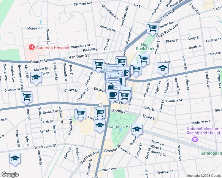 map of restaurants, bars, coffee shops, grocery stores, and more near 422 Broadway in Saratoga Springs