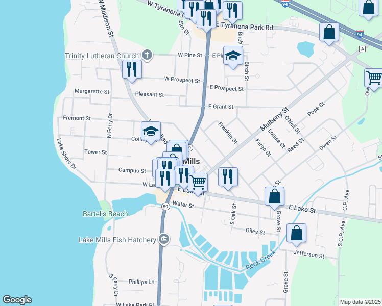 map of restaurants, bars, coffee shops, grocery stores, and more near 102 East Madison Street in Lake Mills