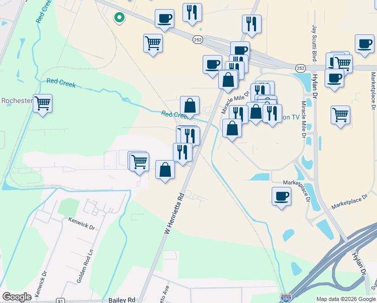 map of restaurants, bars, coffee shops, grocery stores, and more near 3675 West Henrietta Road in Rochester