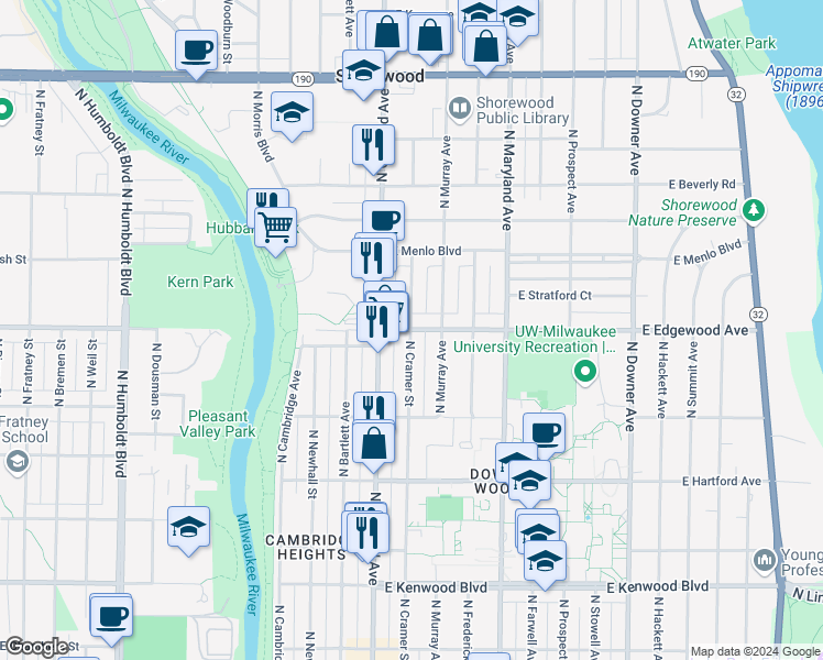 map of restaurants, bars, coffee shops, grocery stores, and more near E Edgewood Ave & N Cramer St in Milwaukee