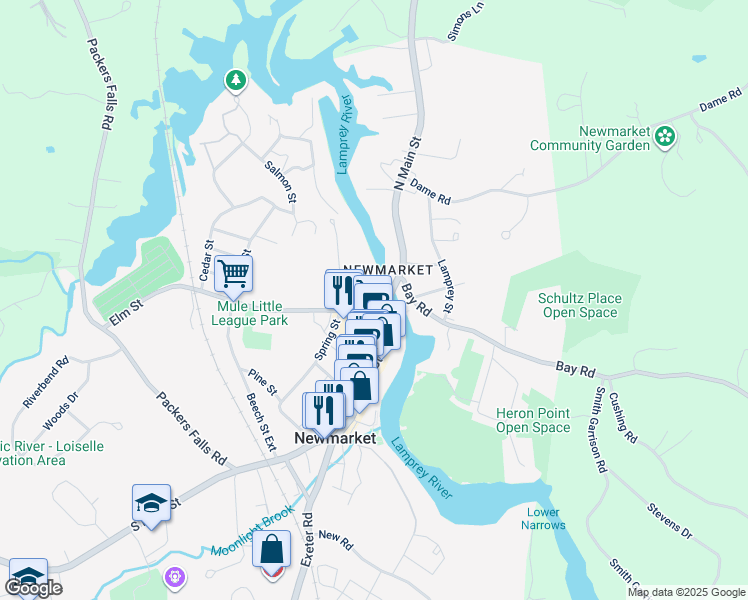map of restaurants, bars, coffee shops, grocery stores, and more near 2 Elm Street in Newmarket