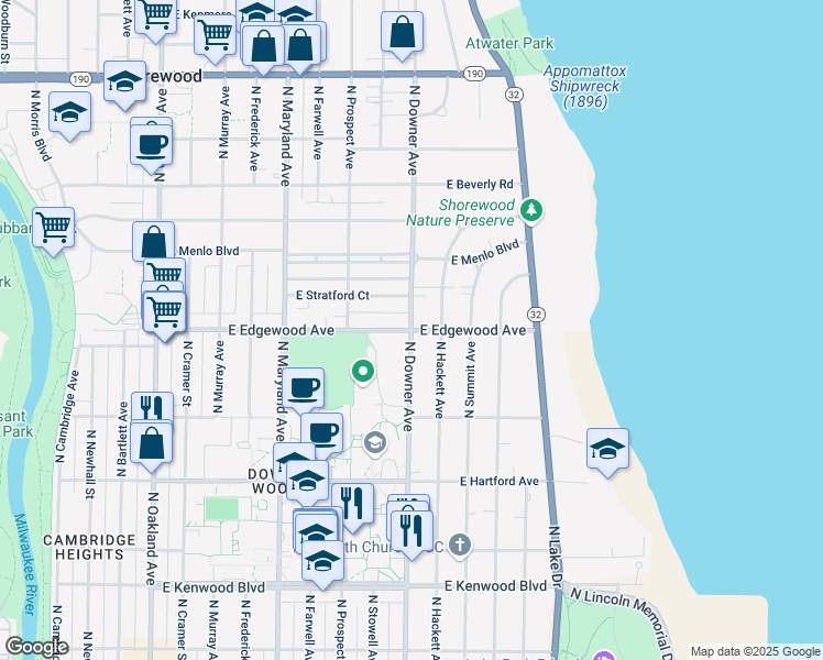 map of restaurants, bars, coffee shops, grocery stores, and more near E Edgewood Ave & N Downer Ave in Shorewood