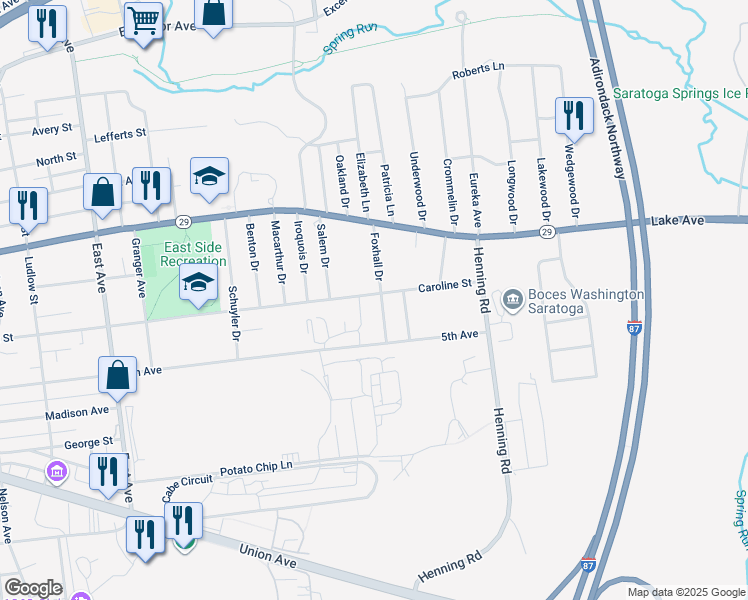map of restaurants, bars, coffee shops, grocery stores, and more near 22 Foxhall Drive in Saratoga Springs