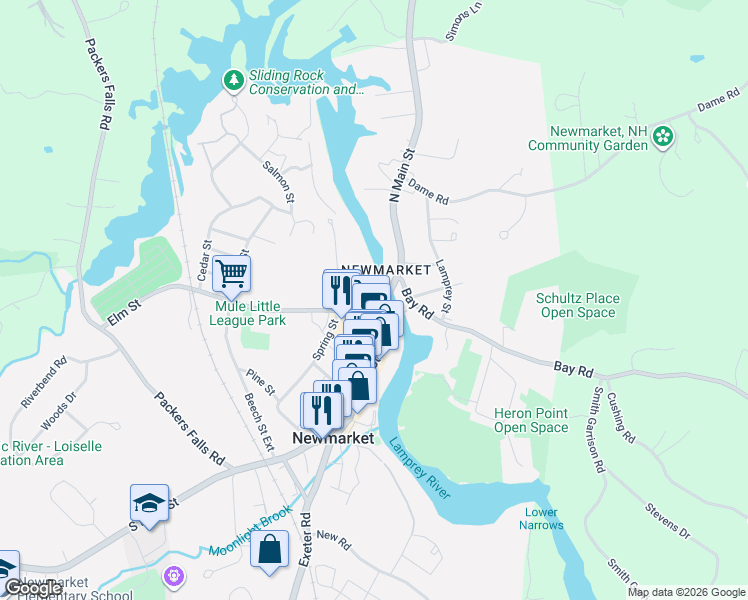 map of restaurants, bars, coffee shops, grocery stores, and more near 2 Elm Street in Newmarket