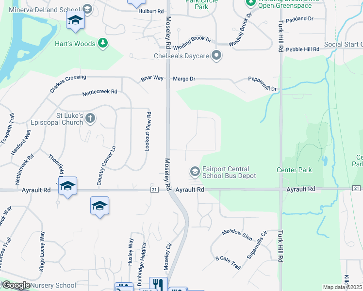 map of restaurants, bars, coffee shops, grocery stores, and more near 9 Hadley Drive in Fairport
