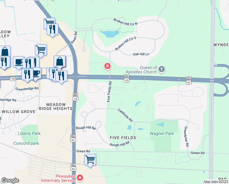 map of restaurants, bars, coffee shops, grocery stores, and more near N34W23716 5 Fields Road in Pewaukee