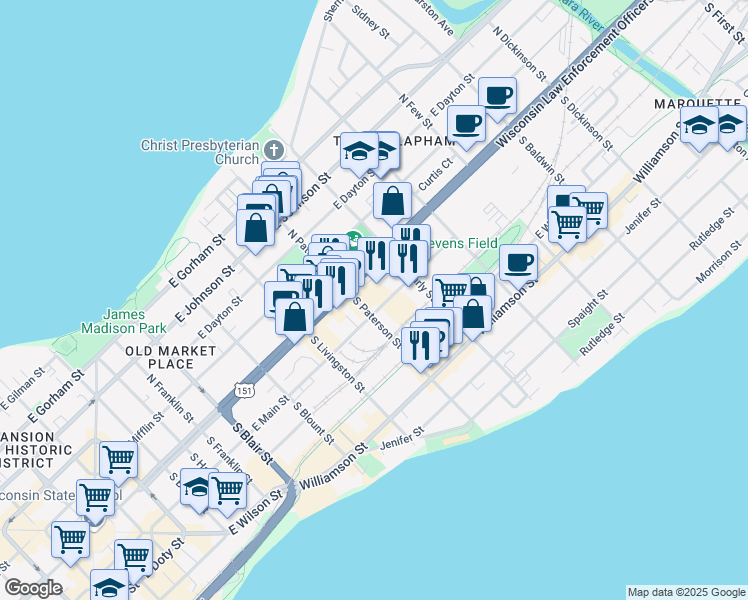 map of restaurants, bars, coffee shops, grocery stores, and more near 109 South Paterson Street in Madison