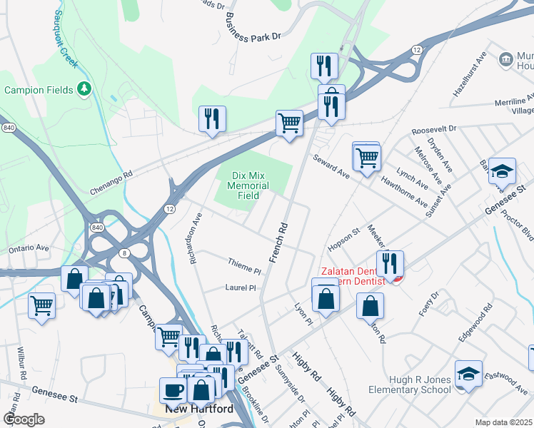map of restaurants, bars, coffee shops, grocery stores, and more near 412 Quentin Road in Utica