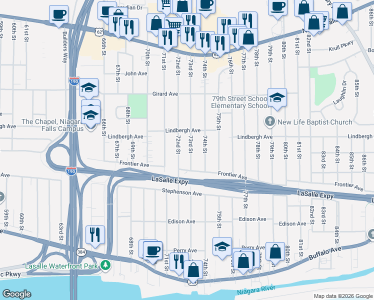map of restaurants, bars, coffee shops, grocery stores, and more near 426 73rd Street in Niagara Falls