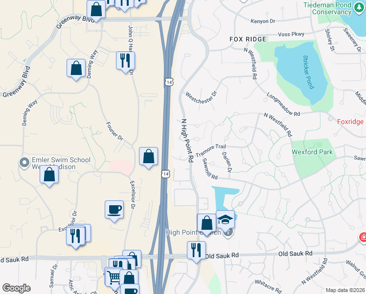 map of restaurants, bars, coffee shops, grocery stores, and more near 1102 North High Point Road in Madison