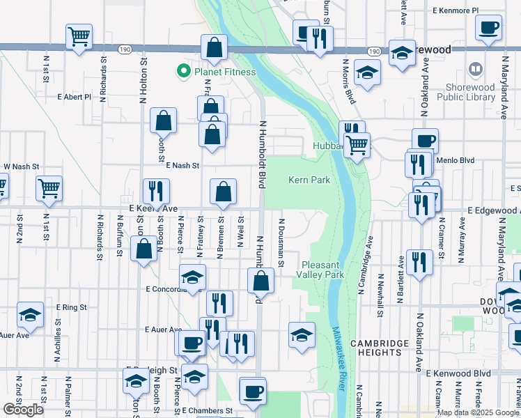 map of restaurants, bars, coffee shops, grocery stores, and more near N Humboldt Blvd & E Keefe Ave in Milwaukee