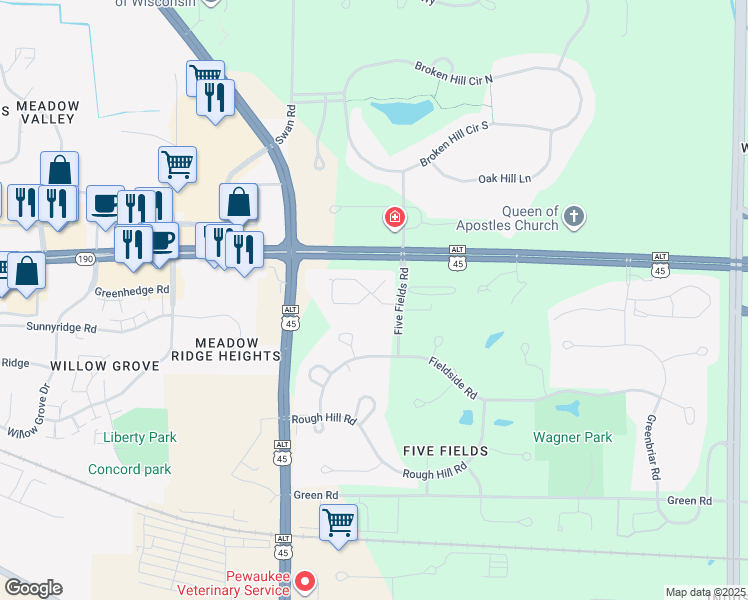 map of restaurants, bars, coffee shops, grocery stores, and more near N34W23813 Grace Avenue in Pewaukee