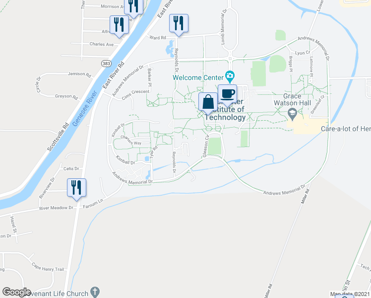 map of restaurants, bars, coffee shops, grocery stores, and more near Unnamed Road in Rochester