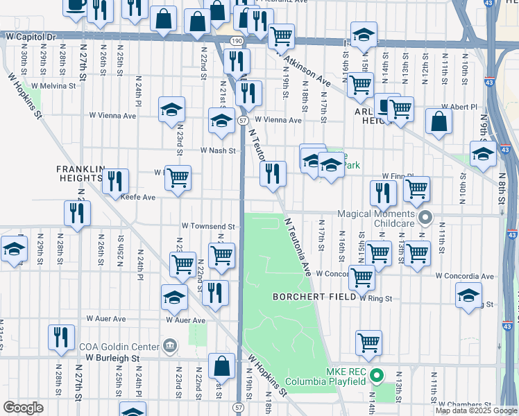 map of restaurants, bars, coffee shops, grocery stores, and more near 1929 West Keefe Avenue in Milwaukee