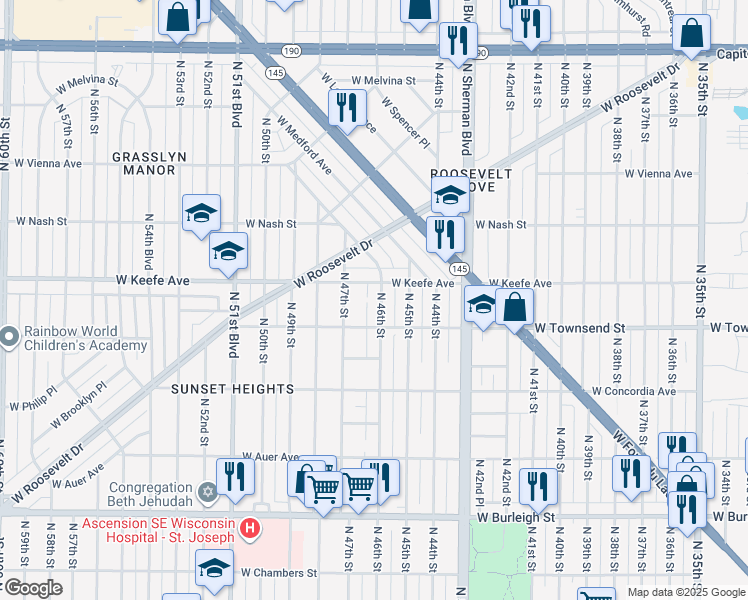 map of restaurants, bars, coffee shops, grocery stores, and more near 3412 North 46th Street in Milwaukee
