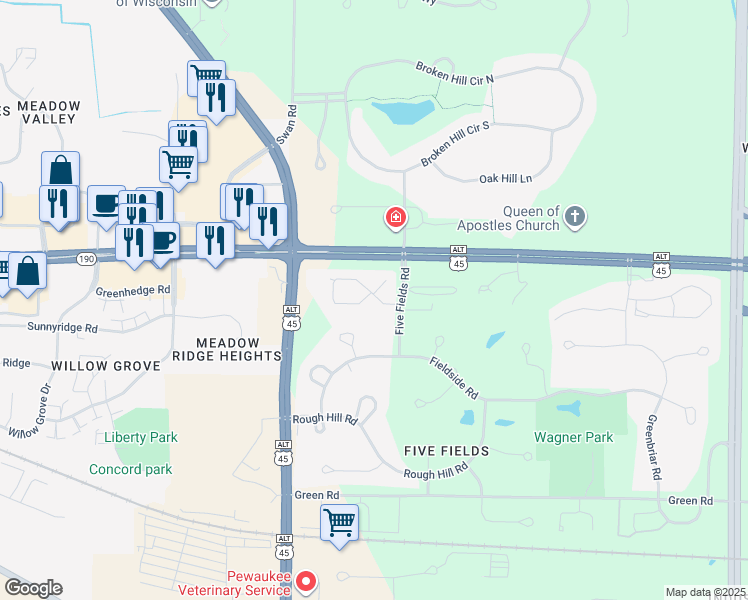 map of restaurants, bars, coffee shops, grocery stores, and more near N34W23813 Grace Avenue in Pewaukee