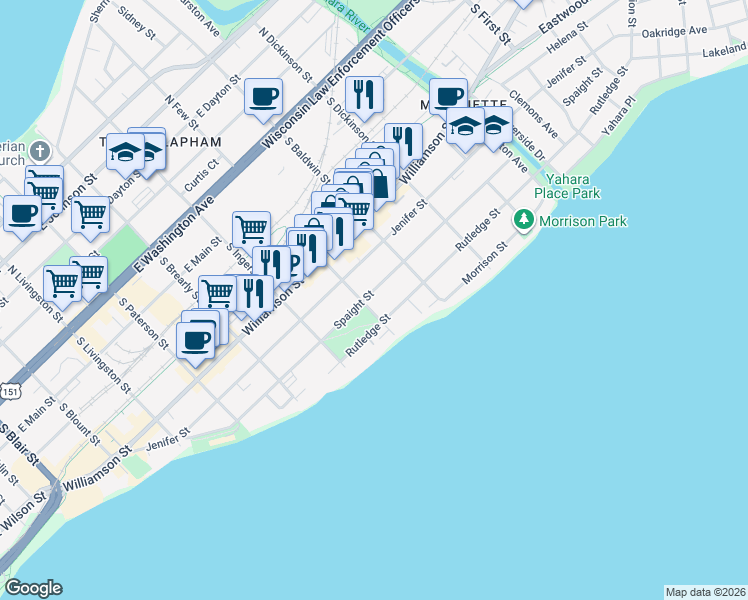 map of restaurants, bars, coffee shops, grocery stores, and more near 609 South Few Street in Madison