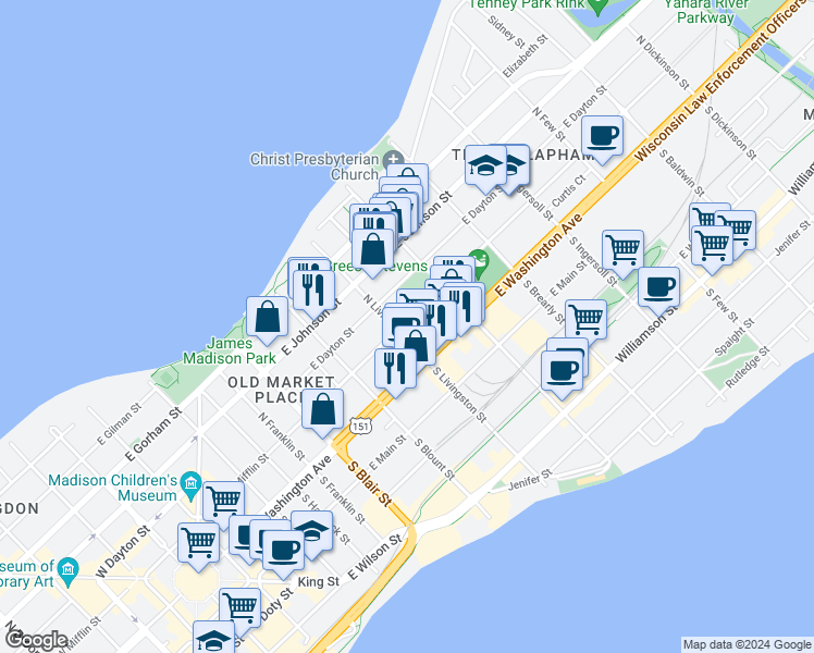 map of restaurants, bars, coffee shops, grocery stores, and more near 16 North Livingston Street in Madison