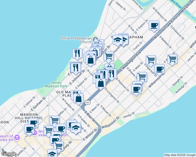 map of restaurants, bars, coffee shops, grocery stores, and more near 16 North Livingston Street in Madison