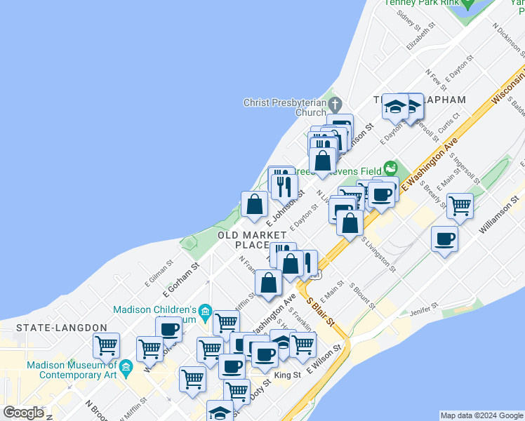 map of restaurants, bars, coffee shops, grocery stores, and more near 635 East Johnson Street in Madison