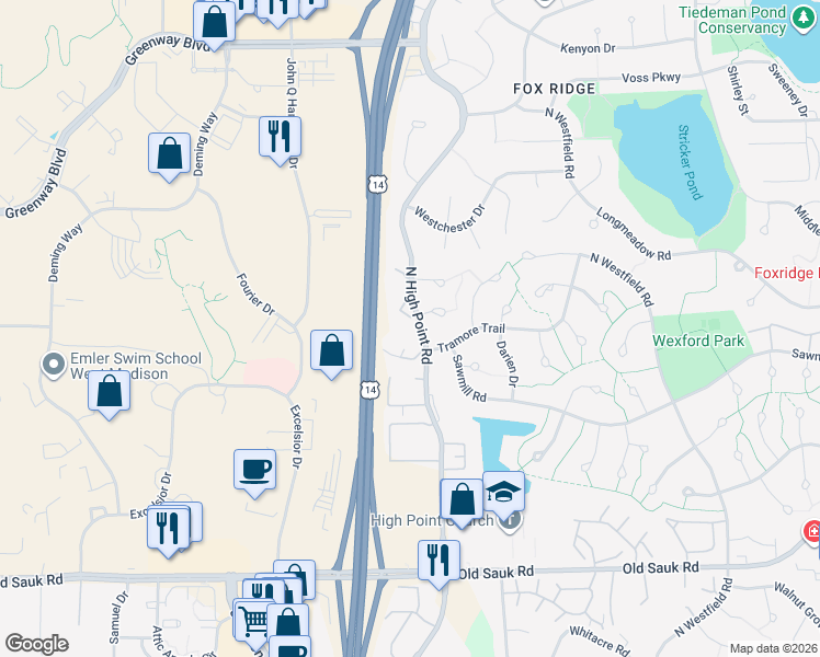map of restaurants, bars, coffee shops, grocery stores, and more near 1102 North High Point Road in Madison