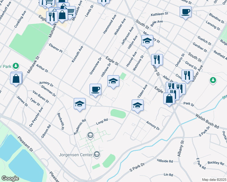 map of restaurants, bars, coffee shops, grocery stores, and more near 1203 Hilton Avenue in Utica