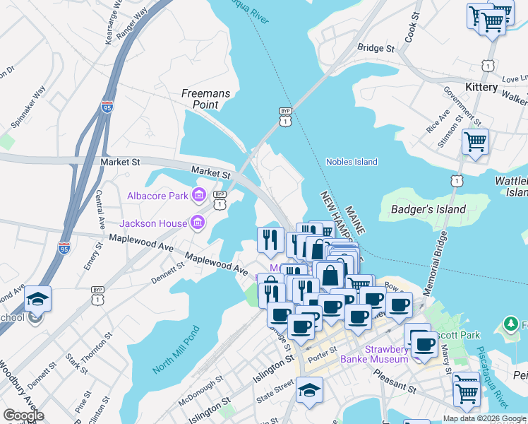 map of restaurants, bars, coffee shops, grocery stores, and more near 446 Market Street in Portsmouth