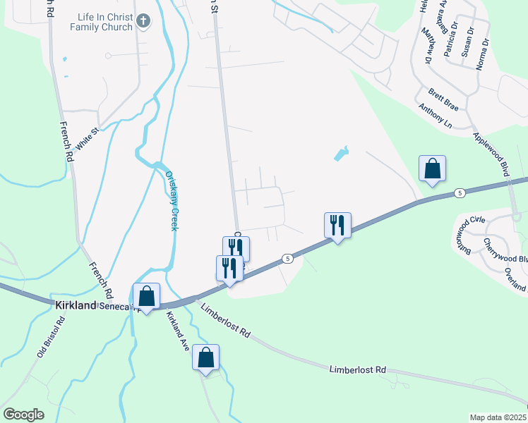 map of restaurants, bars, coffee shops, grocery stores, and more near 126 Pheasants Run in Clinton