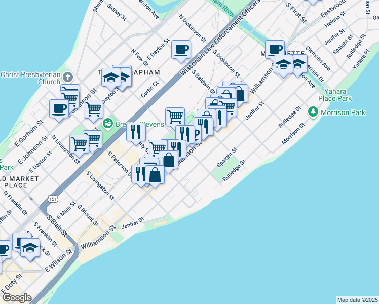 map of restaurants, bars, coffee shops, grocery stores, and more near Williamson St & S Ingersoll St in Madison