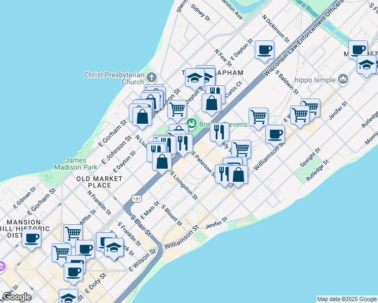 map of restaurants, bars, coffee shops, grocery stores, and more near 841 East Washington Avenue in Madison