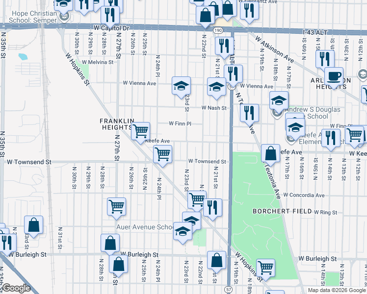 map of restaurants, bars, coffee shops, grocery stores, and more near 3406 North 24th Street in Milwaukee