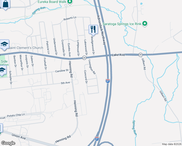 map of restaurants, bars, coffee shops, grocery stores, and more near 5 Bunker Hill Drive in Saratoga Springs