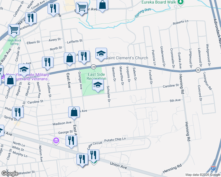map of restaurants, bars, coffee shops, grocery stores, and more near 332 Caroline Street in Saratoga Springs