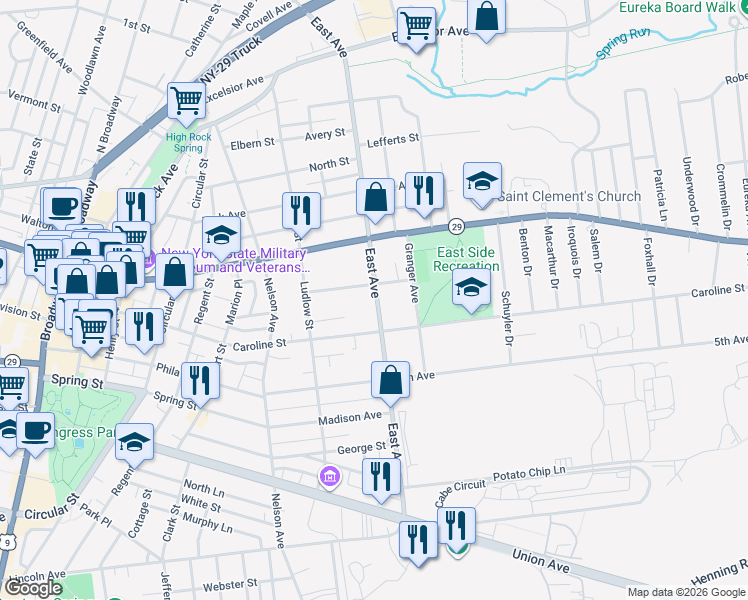 map of restaurants, bars, coffee shops, grocery stores, and more near 203 East Avenue in Saratoga Springs