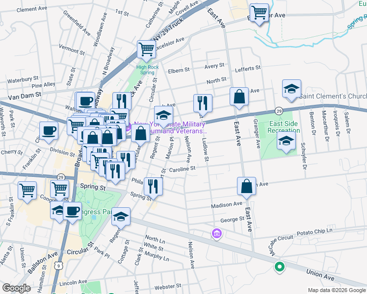 map of restaurants, bars, coffee shops, grocery stores, and more near 235 Nelson Avenue in Saratoga Springs