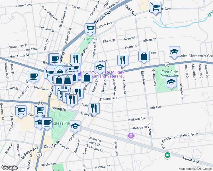 map of restaurants, bars, coffee shops, grocery stores, and more near 12 Marion Place in Saratoga Springs