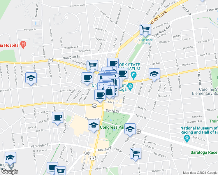 map of restaurants, bars, coffee shops, grocery stores, and more near 404 Broadway in Saratoga Springs