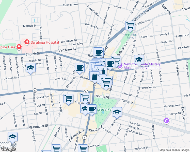 map of restaurants, bars, coffee shops, grocery stores, and more near 422 Broadway in Saratoga Springs