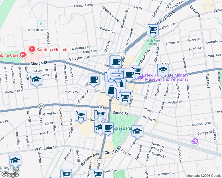 map of restaurants, bars, coffee shops, grocery stores, and more near 422 Broadway in Saratoga Springs