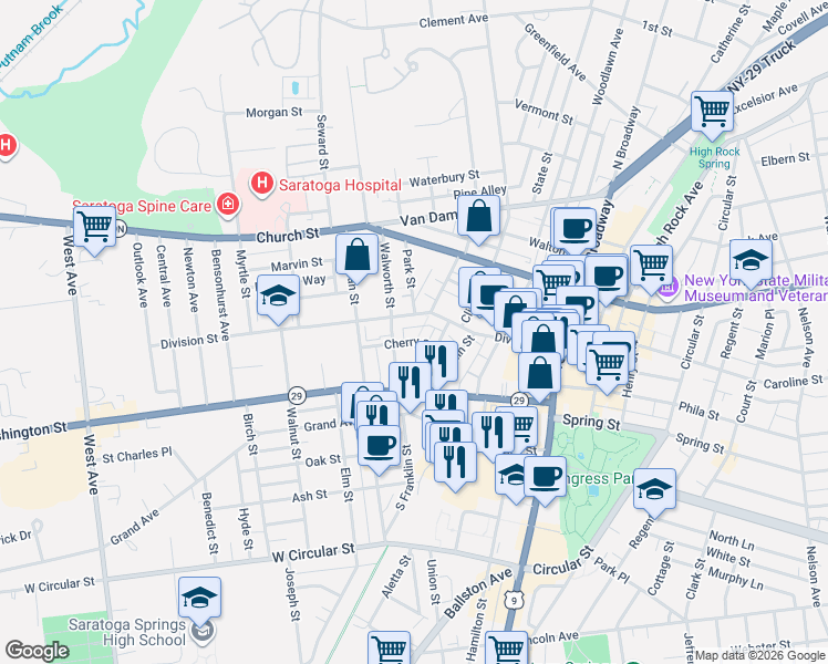 map of restaurants, bars, coffee shops, grocery stores, and more near 18 Cherry Street in Saratoga Springs