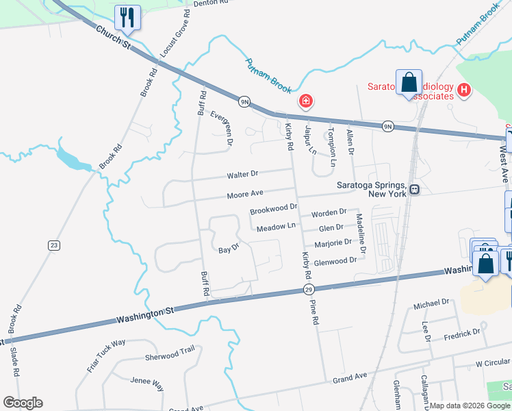 map of restaurants, bars, coffee shops, grocery stores, and more near 9 Brookwood Drive in Saratoga Springs
