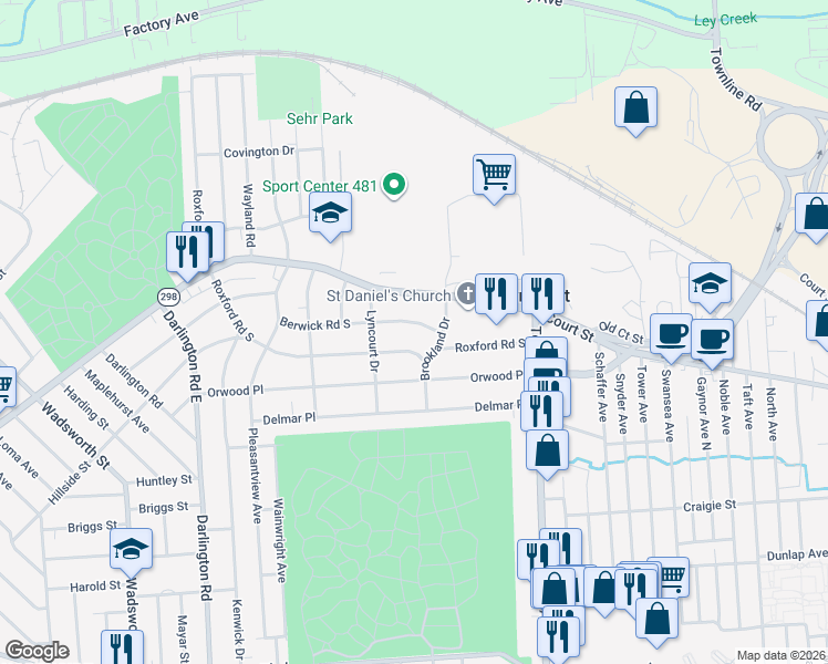 map of restaurants, bars, coffee shops, grocery stores, and more near 521 Roxford Road South in Syracuse